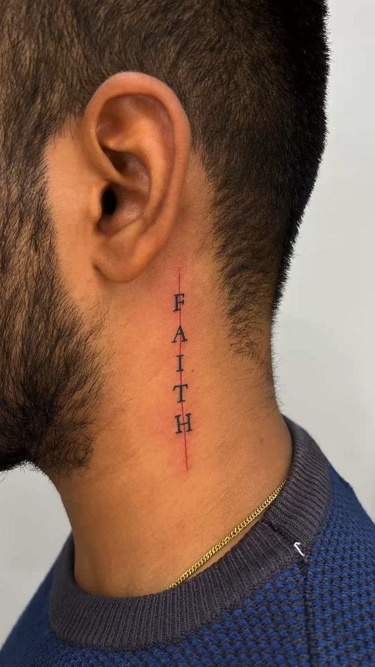 Vertical Faith Red Line Tattoo Design