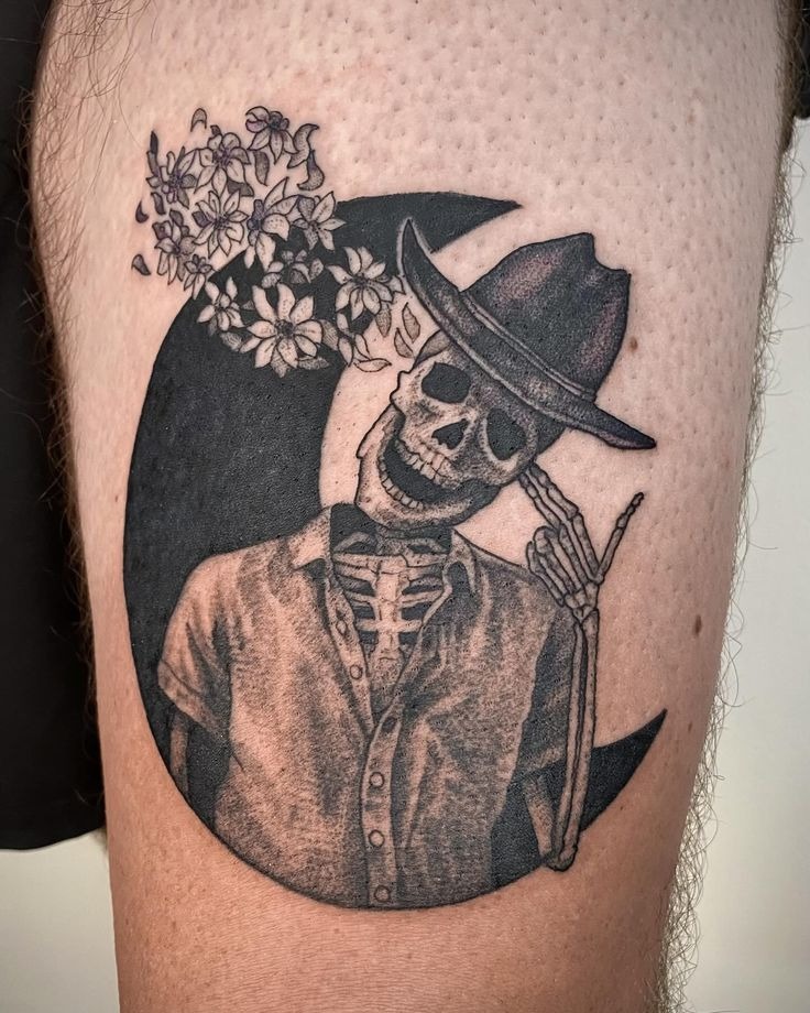 Dapper Skeleton in Moon Tattoo Tattoo Design