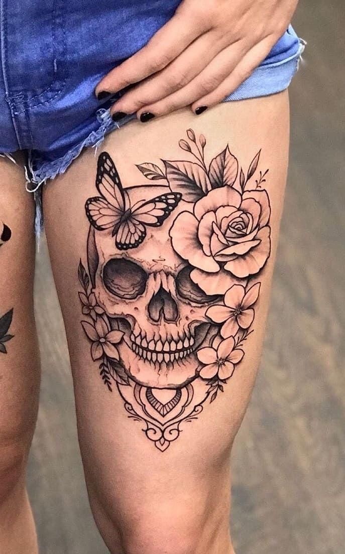 Floral Sugar Skull with Butterfly Tattoo Tattoo Design