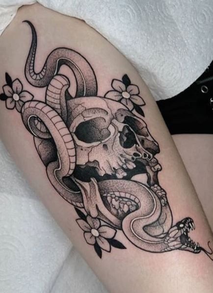 Skull and Snake with Flowers Tattoo Tattoo Design