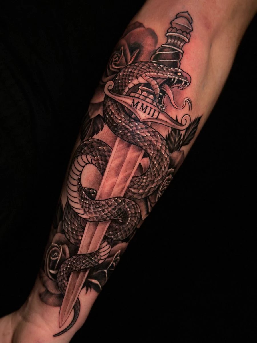 Layered Skull Forearm Sleeve Tattoo Design