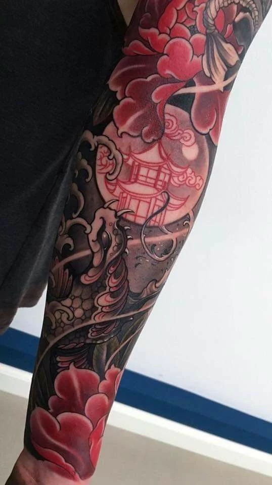 Realistic Skull and Rose Sleeve Tattoo Design