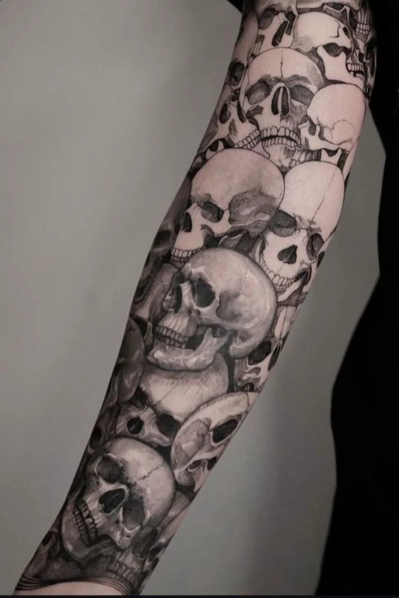 White Line Flower Blackout Sleeve Tattoo Design