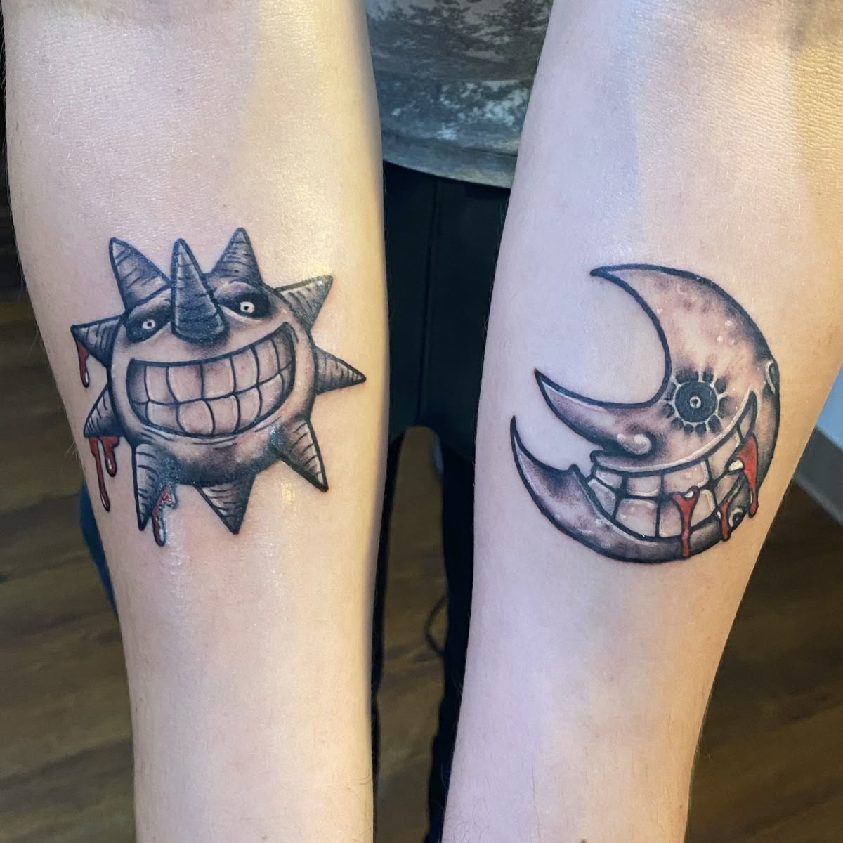 Bold Color Sun and Moon Duo Tattoo Design