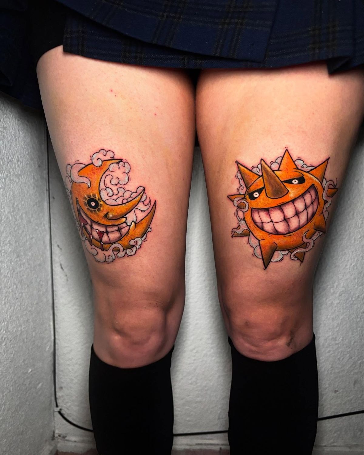 Classic Sun and Moon Thigh Matching Tattoos Tattoo Design