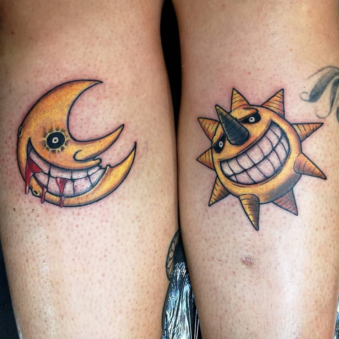 Color-Packed Sun and Moon Matching Tattoos Tattoo Design