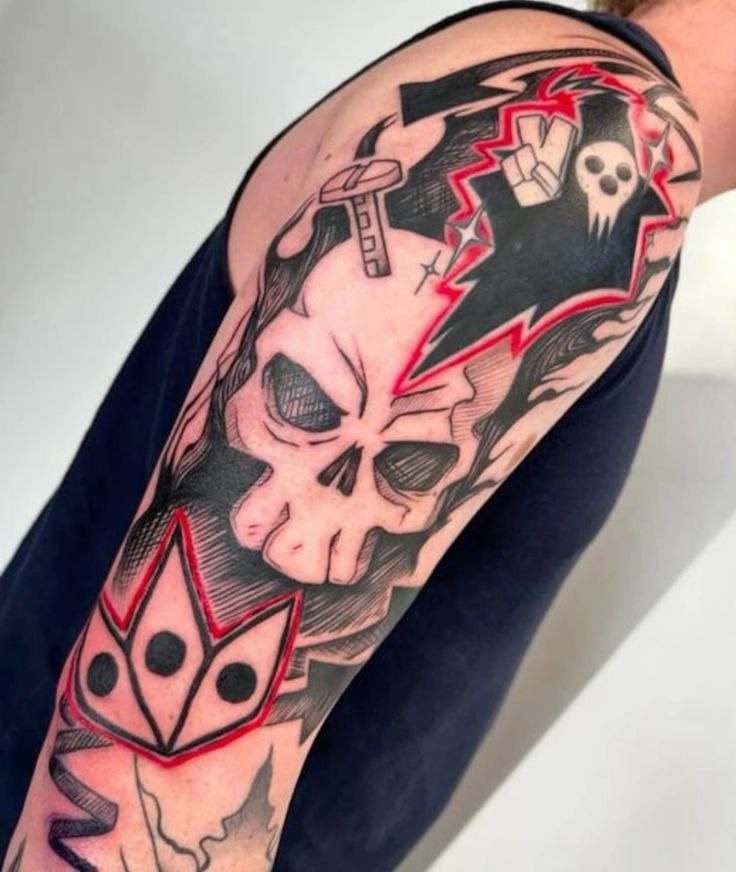 Graphic Skull and Black Star Sleeve Tattoo Design