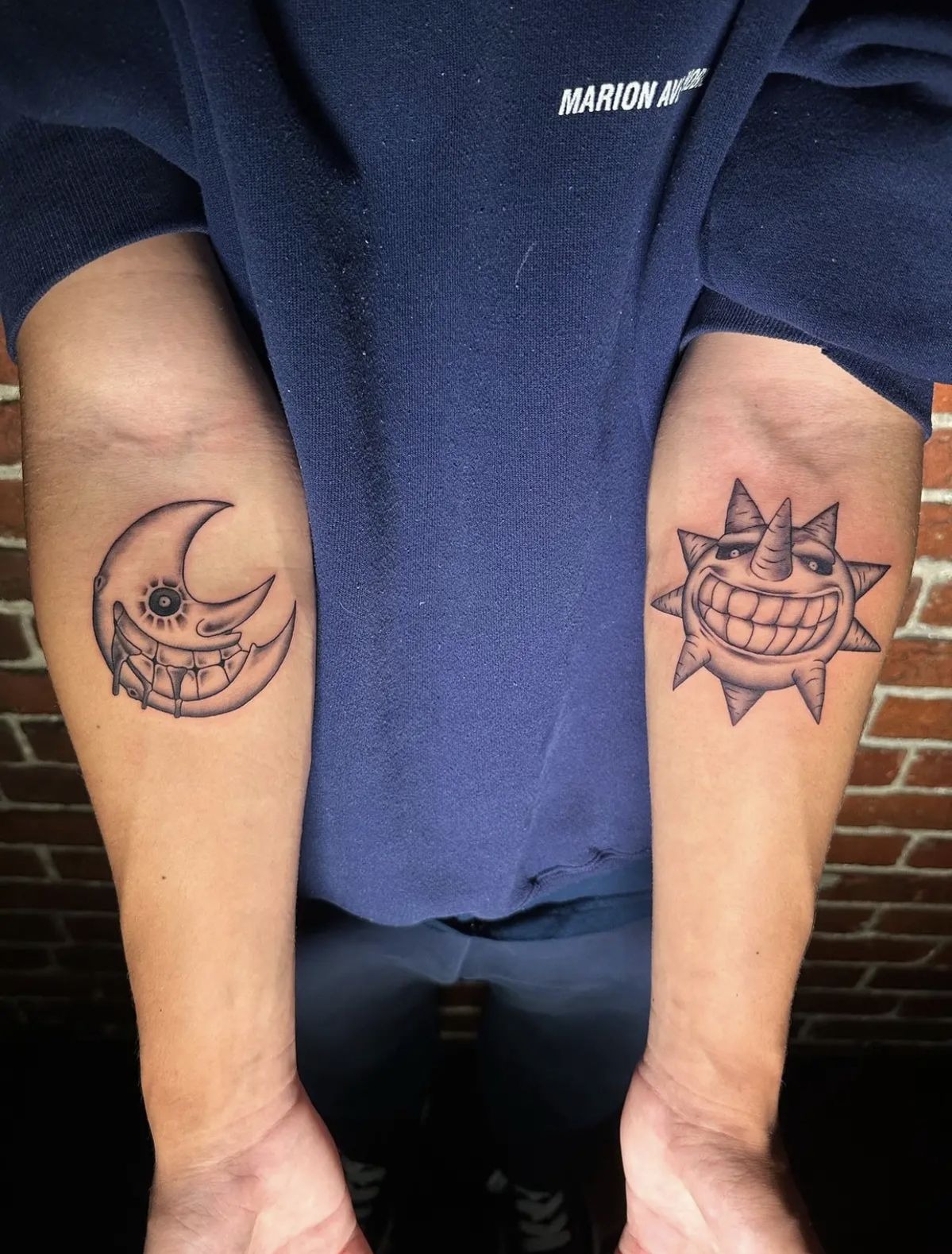 Sun and Moon Matching Inner Arm Tattoos Tattoo Design