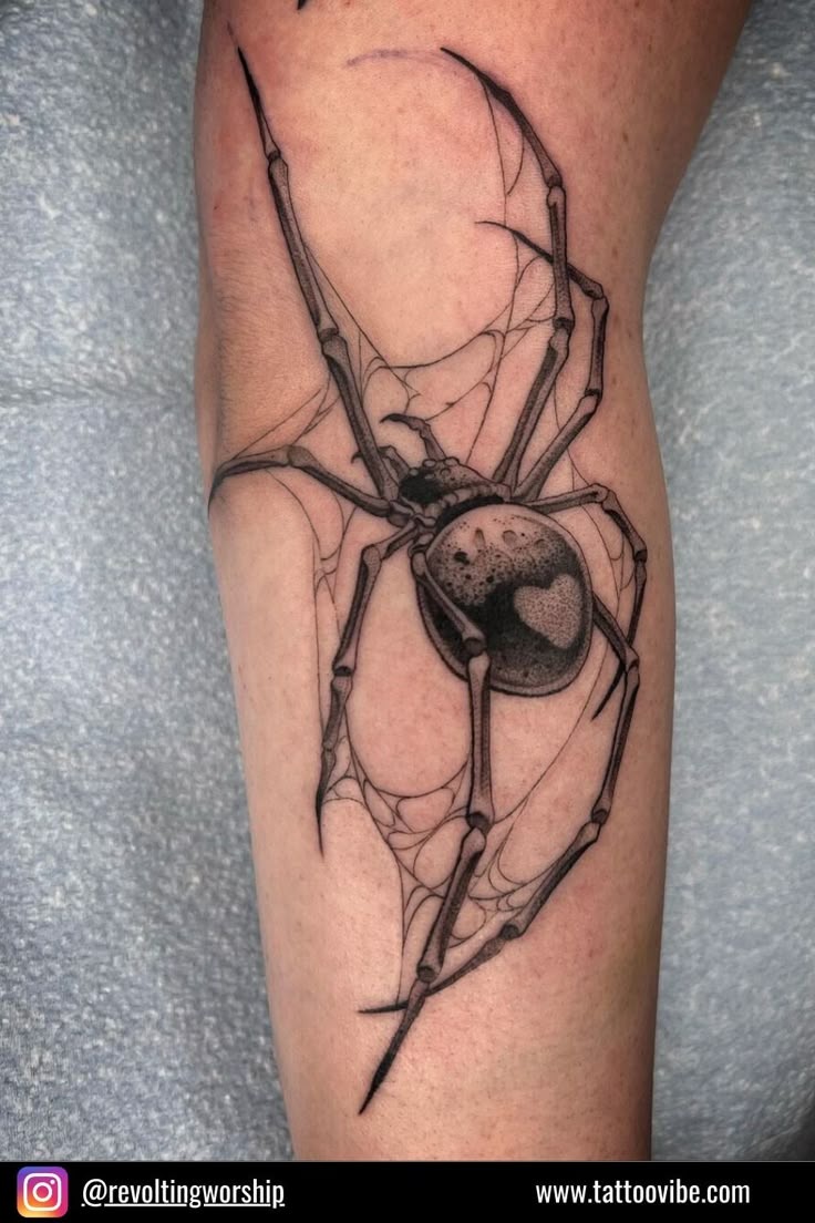 Large Shaded Spider With Web Lines Tattoo Design