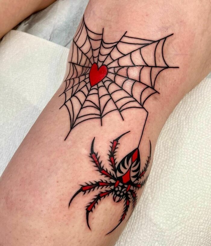 Red Heart Web And Spider Design Tattoo Design