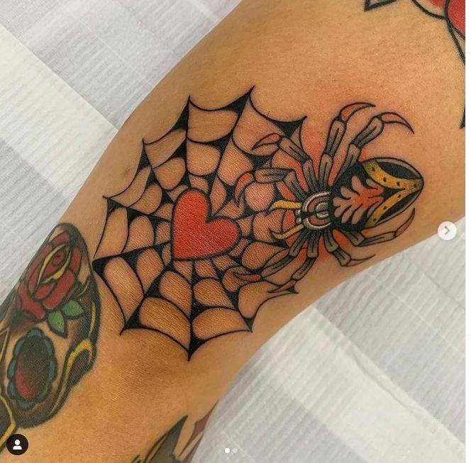 American Traditional Spider and Heart Web Tattoo Design