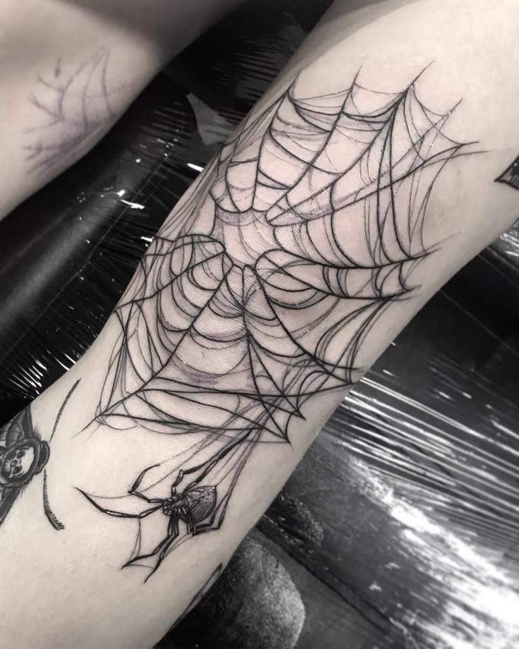 Delicate Web and Spider Linework Tattoo Design