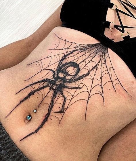 Dramatic Spider Web on Lower Stomach Tattoo Design