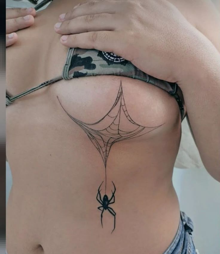 Hanging Web Spider on Breast Tattoo Design