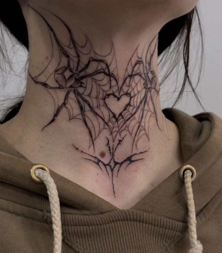 Heart-Shaped Web Centered on the Neck Tattoo Design