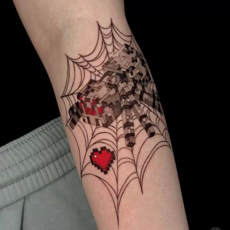 Pixel Spider and Heart Web Combo Tattoo Design