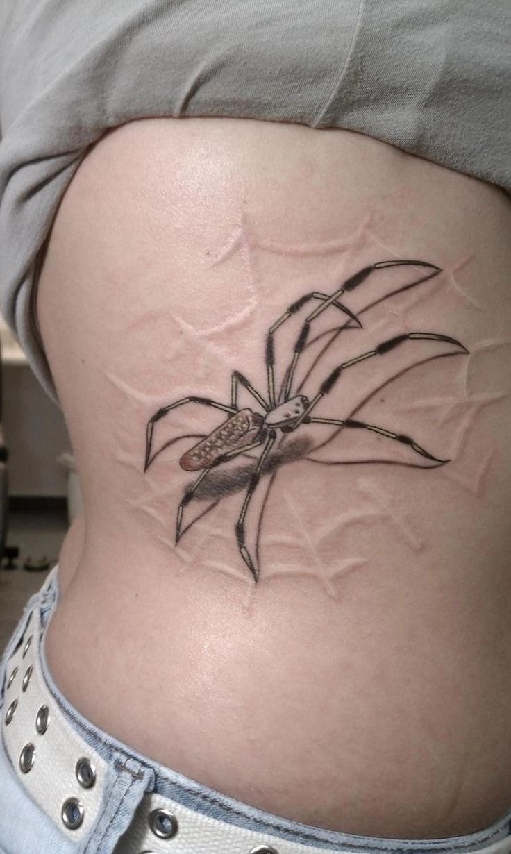 Realistic Spider with Subtle Web Tattoo Design
