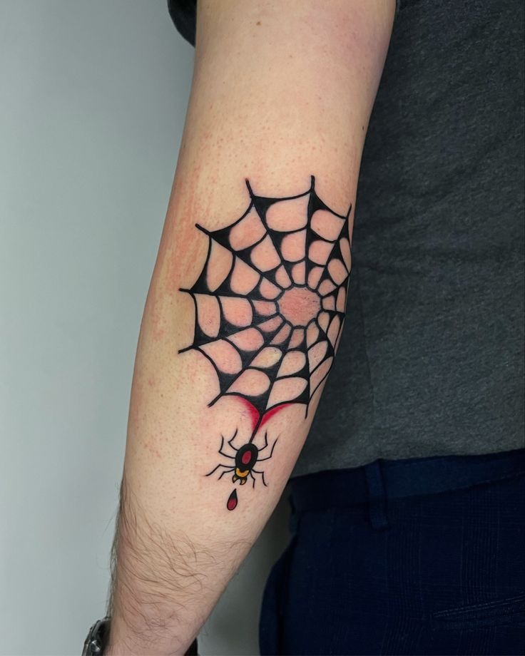 Red Drop Spider and Web Tattoo Design