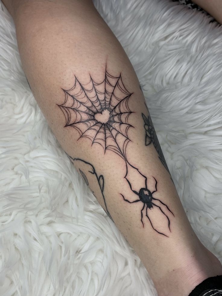 Simple Spider and Web Calf Tattoo Tattoo Design