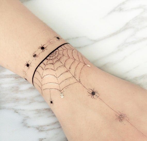 Tiny Wrist Web with Dangling Spiders Tattoo Design