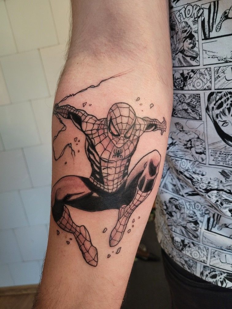 Black and Gray Action Spider-Man Tattoo Tattoo Design