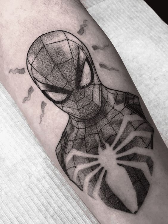 Black and Gray Spider-Man Bust Tattoo Tattoo Design
