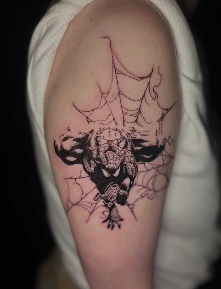 Blackwork Spider-Man Web Attack Tattoo Tattoo Design