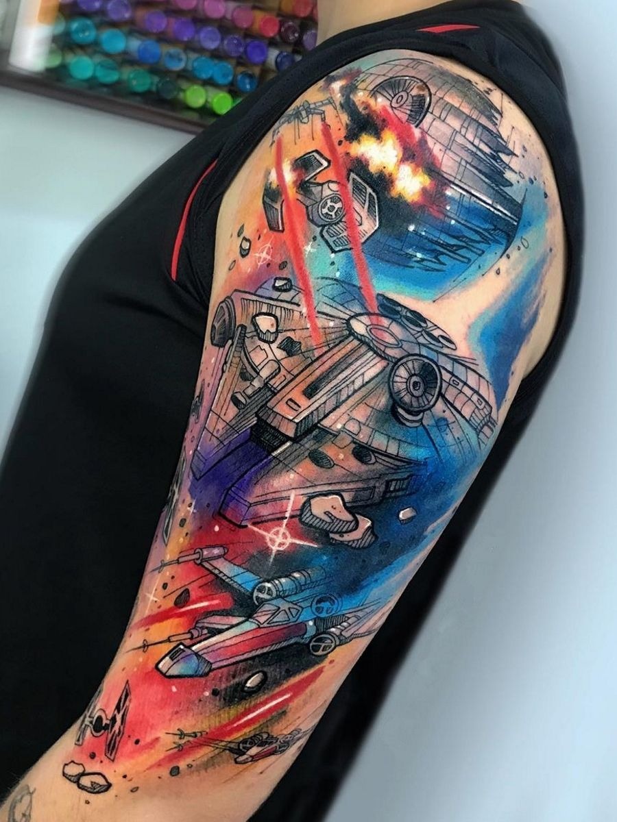 Colorful Galactic Battle Sleeve Tattoo Tattoo Design