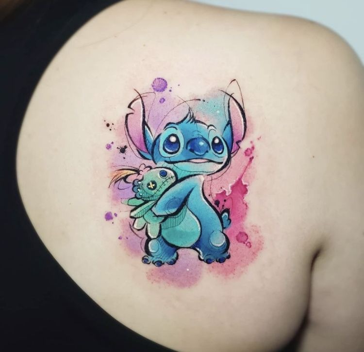 Colorful Stitch with Doll Companion, a tattoo design rendered in watercolor for the back.