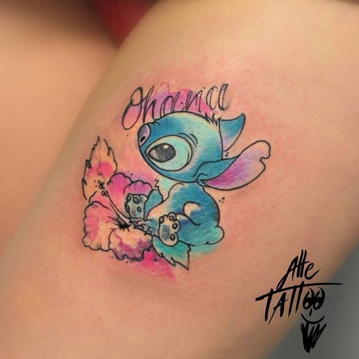 Stitch with Name and Floral Accent, a tattoo design rendered in clean detailed linework for the rib.