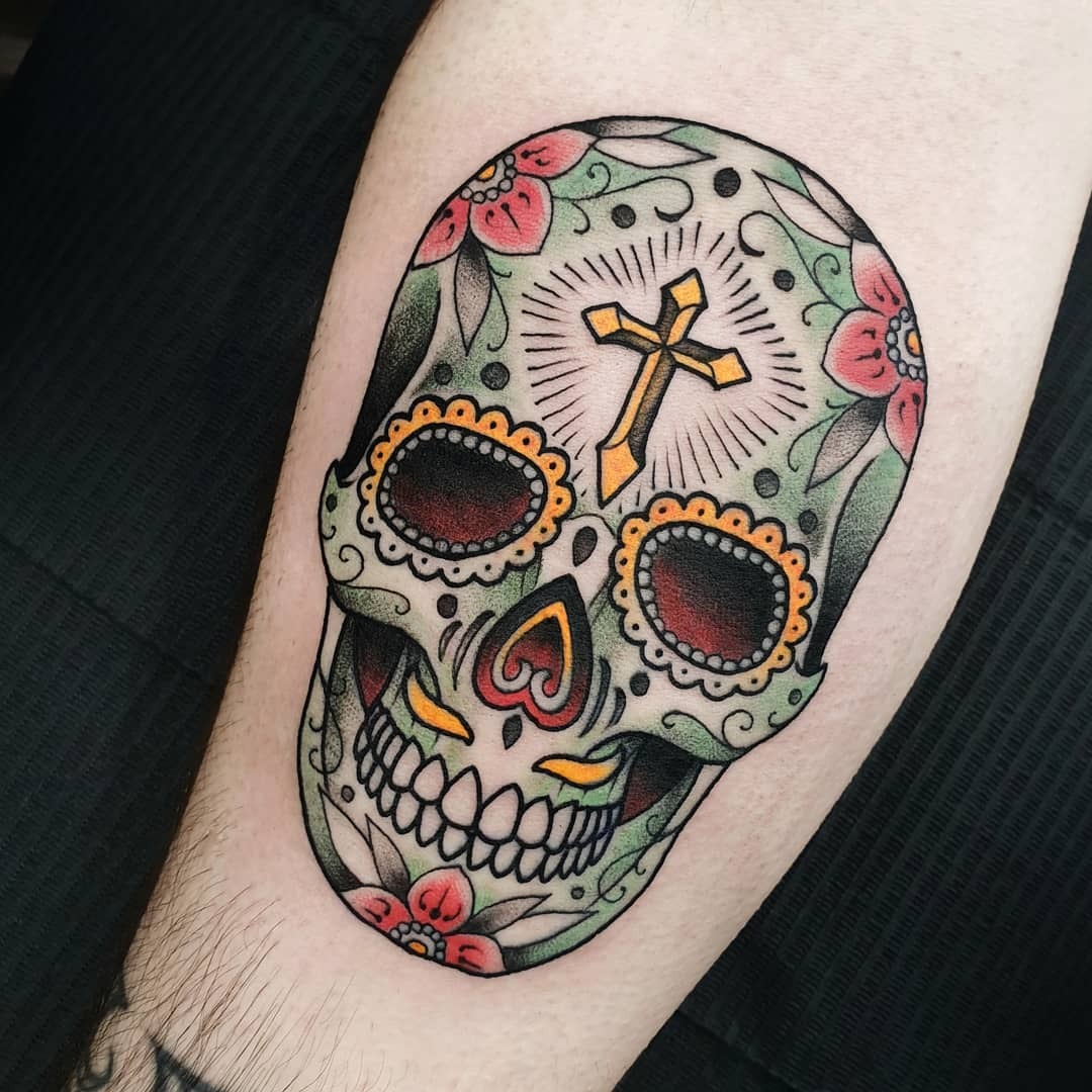 Cross and Floral Sugar Skull Tattoo Tattoo Design