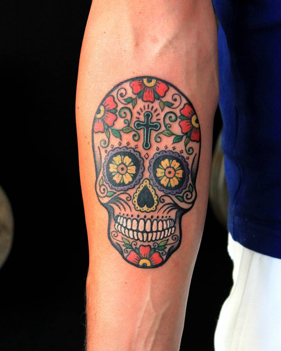 Cross and Red Flower Sugar Skull Tattoo Tattoo Design