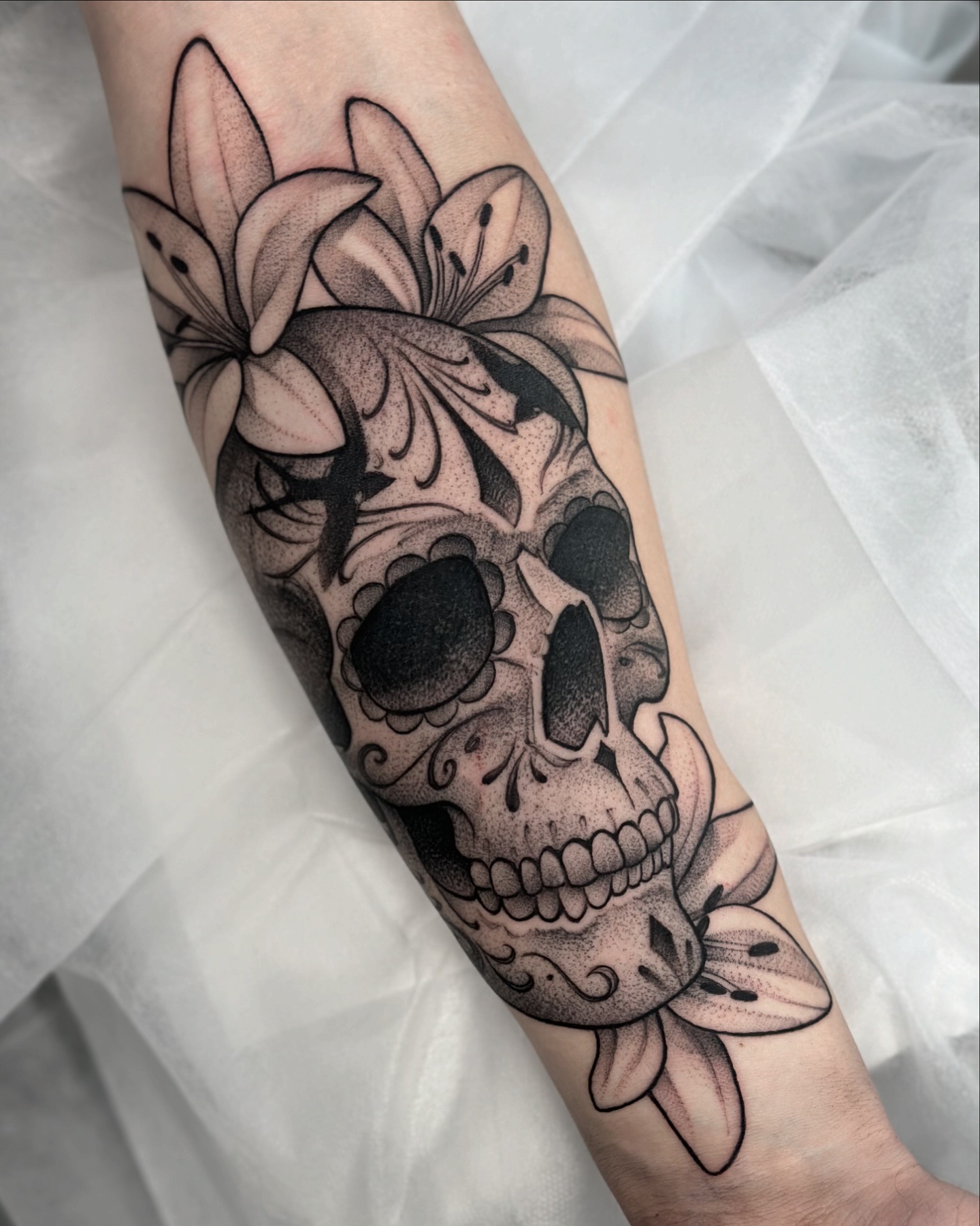 Lily Framed Sugar Skull Forearm Tattoo Tattoo Design