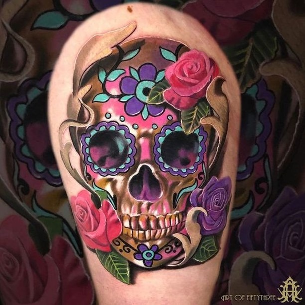 Rose and Antler Sugar Skull Tattoo Tattoo Design
