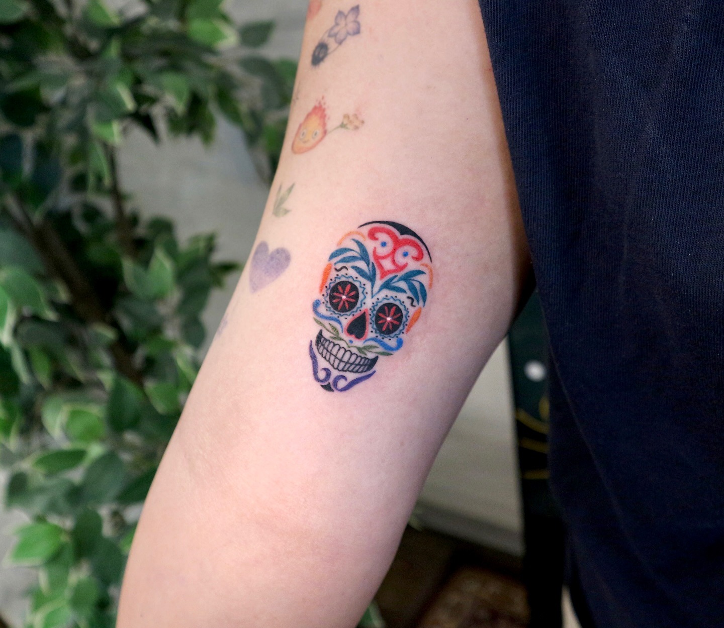 Small Colorful Sugar Skull Arm Tattoo Tattoo Design
