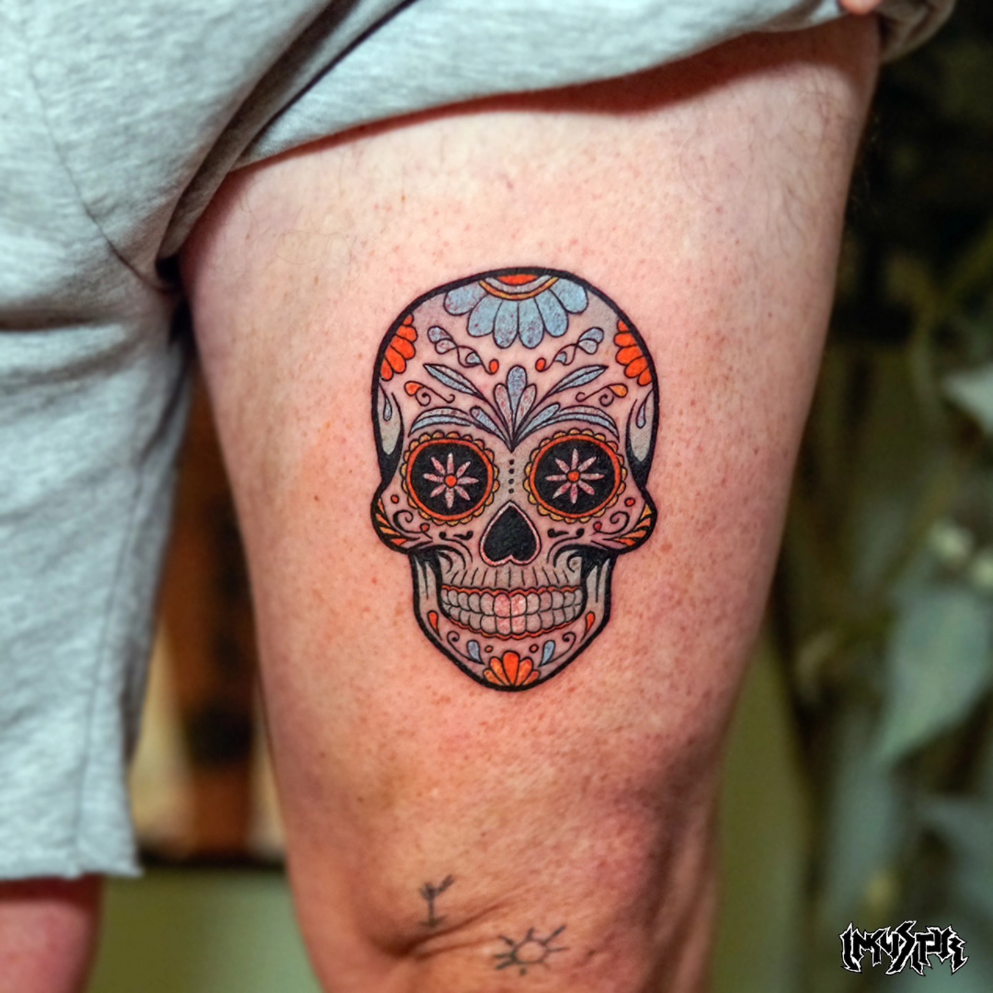 Small Decorative Sugar Skull Thigh Tattoo Tattoo Design