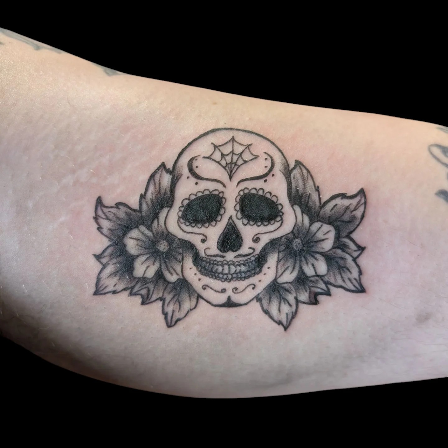 Spider Web Sugar Skull with Flowers Tattoo Tattoo Design