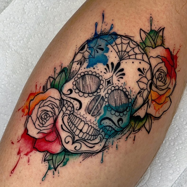 Watercolor Rose Sugar Skull Tattoo Tattoo Design