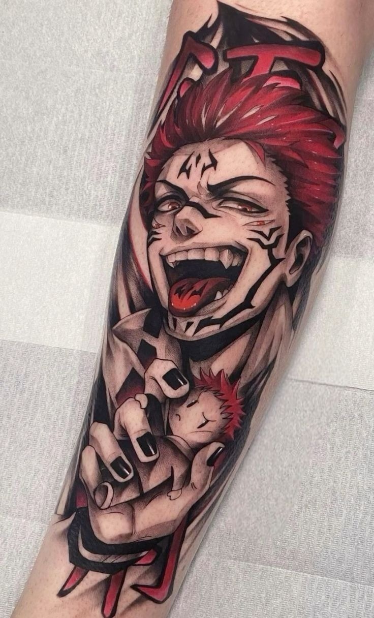 Full Forearm Color Explosion of Sukuna Tattoo Design