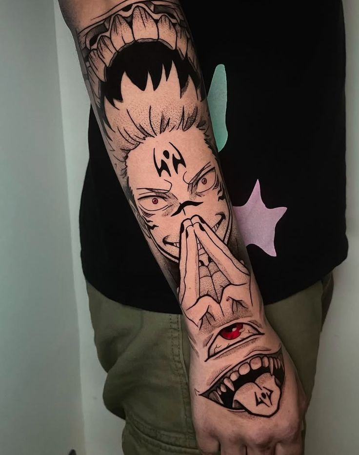 Full Sleeve Sukuna Ritual Panel Tattoo Design