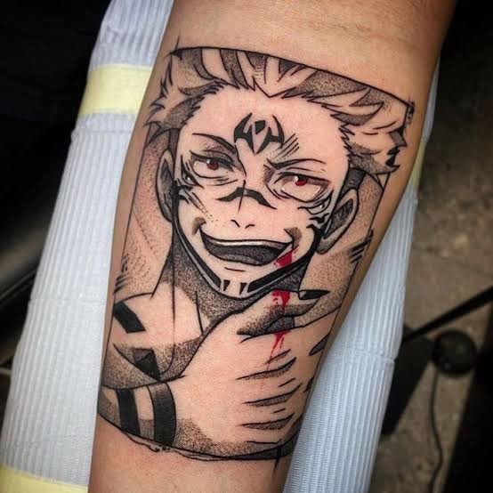 Manga Panel Sukuna with Tongue Detail Tattoo Design