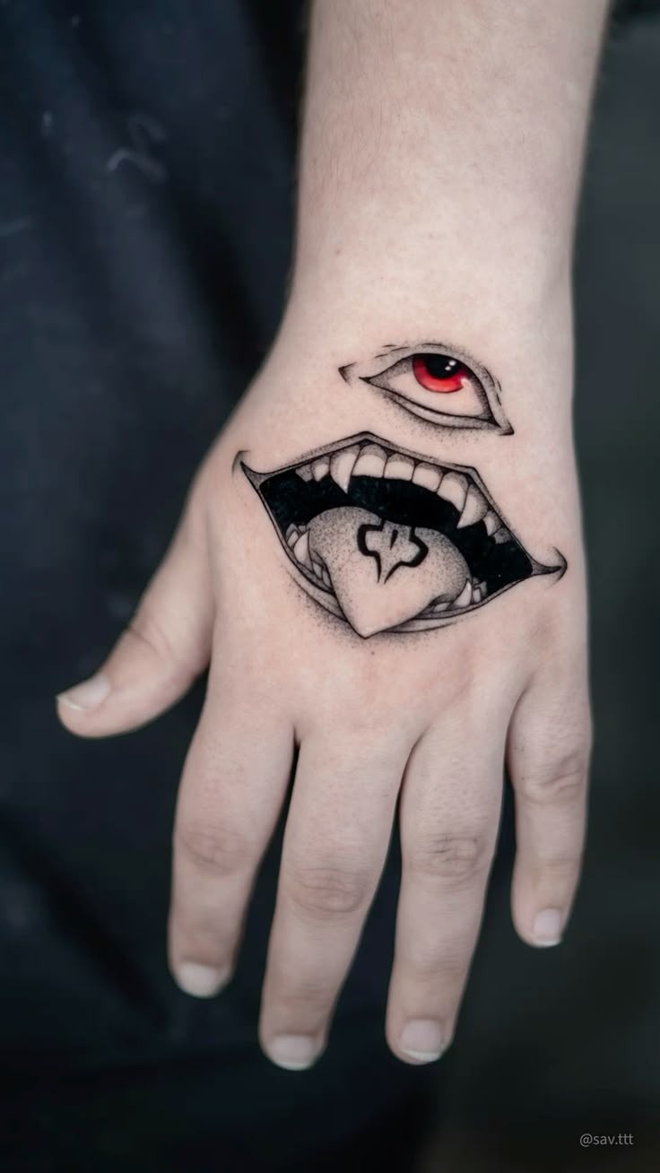 Simplified Eye and Mouth Combo on Hand Tattoo Design