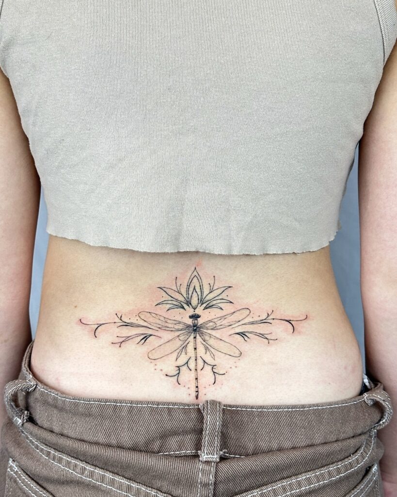 Dragonfly and Lotus Lower Back Tattoo Tattoo Design