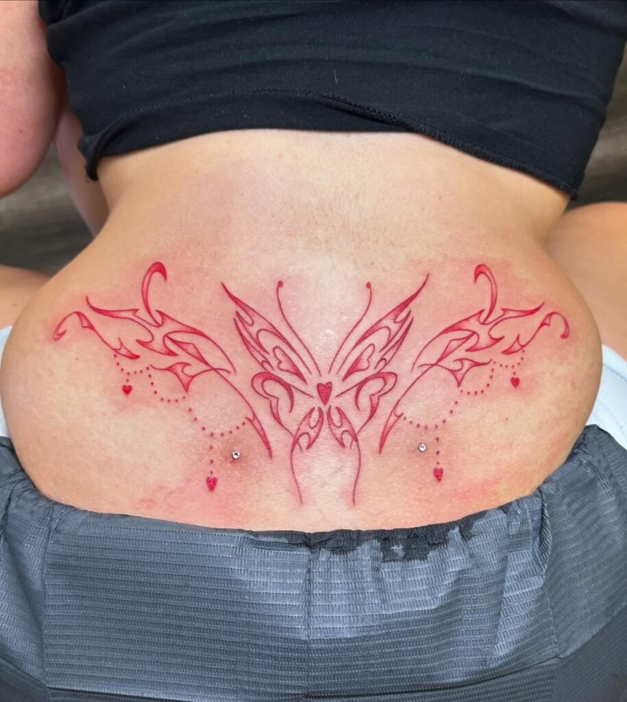 Red Butterfly and Hearts Lower Back Tattoo Tattoo Design