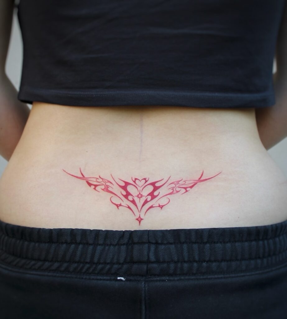 Red Tribal Heart Lower Back Tattoo Tattoo Design