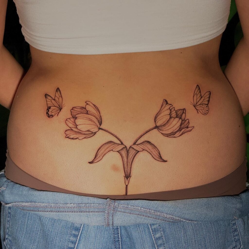Tulips and Butterflies Lower Back Tattoo Tattoo Design