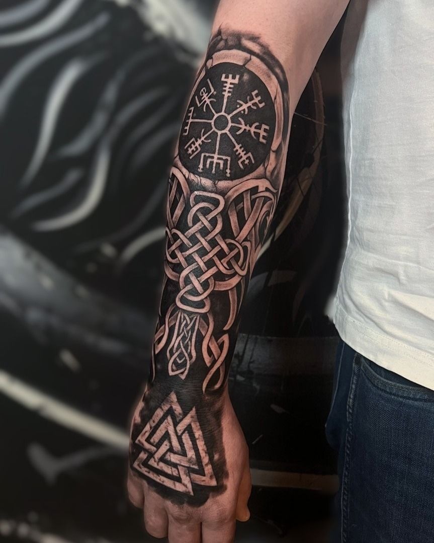 Blackwork Knot and Valknut Men’s Sleeve Tattoo Design