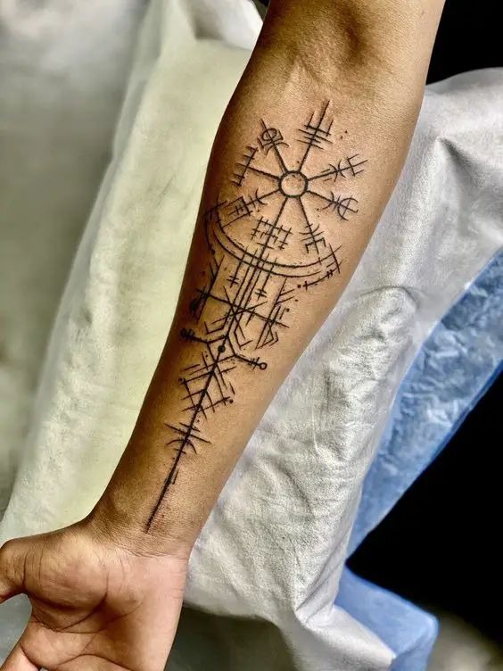 Delicate Linear Vegvisir Forearm Trail Tattoo Design