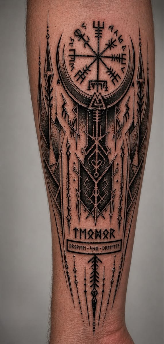 Fine Line Vegvisir Stencil Tattoo Design