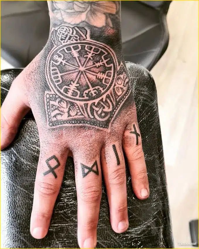 Hand Vegvisir and Finger Rune Layout Tattoo Design
